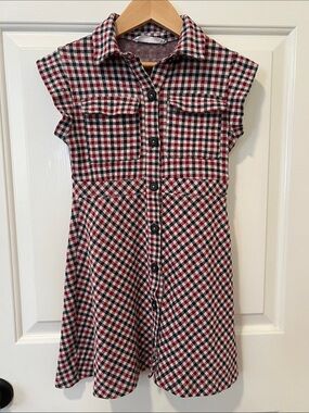 Zara Girls Red, Black & White Plaid Sleeveless Button-Front Dress